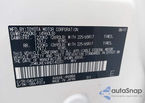 2017 Toyota Rav4 Hybrid Xle z USA, uszkodzony, nr VIN JTMRJREV4HD140201